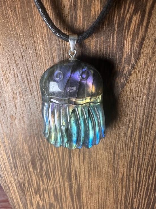 Jewelry - Rainbow Labradorite Jellyfish Pendant Necklace on Sterling Silver Bail and Chain